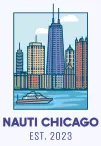 Illustration of Chicago skyline with "Nauti Chicago" text and established date 2023. A boat is on the water in the foreground.